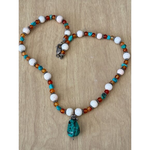 Unknown Jewelry - Vintage Tiger Eye Beaded Necklace Turquoise Pendant 32 Inches Stone Metal